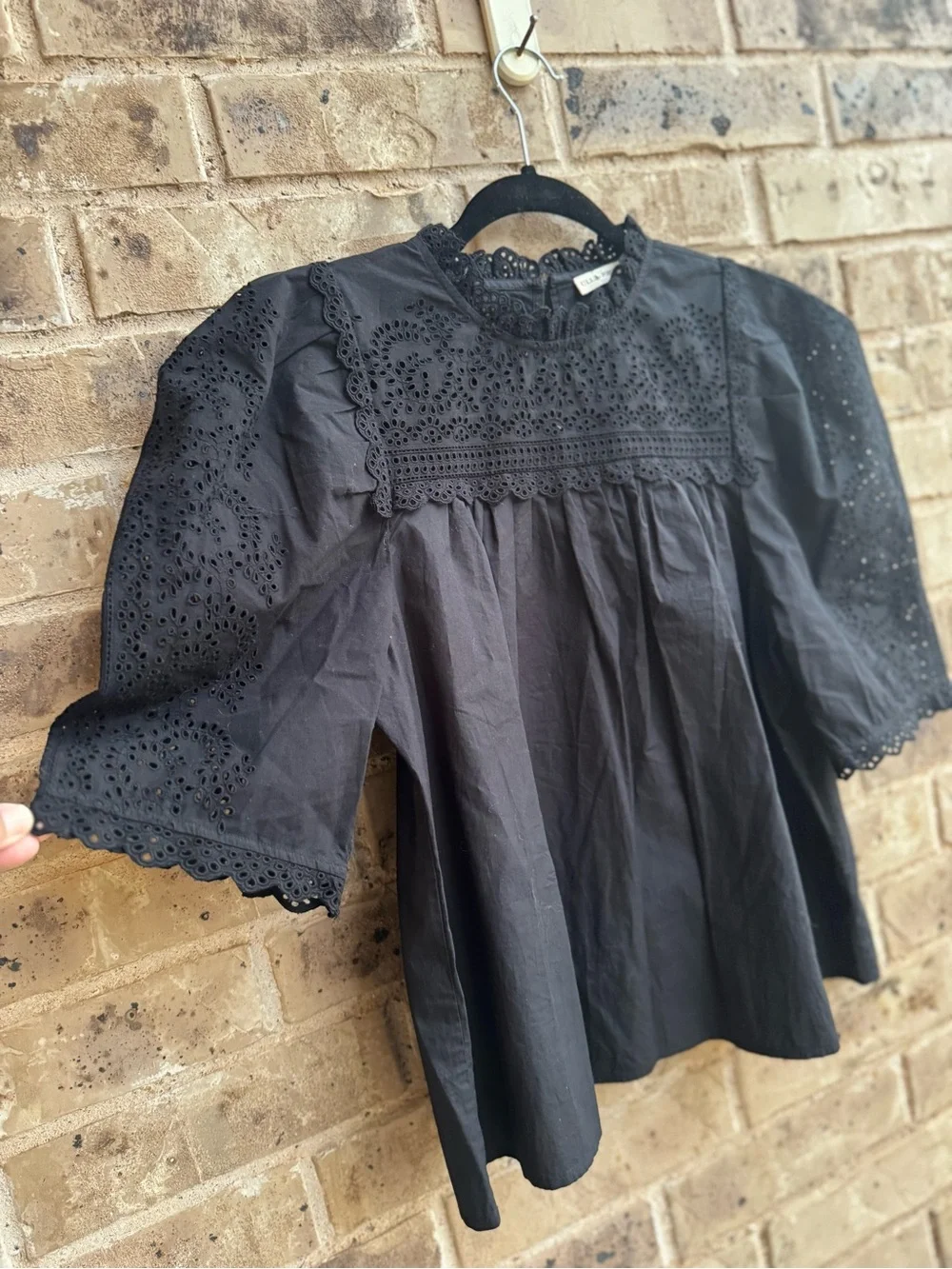 Ulla Johnson Yvonne Embroidered Black Yoke Puff Sleeve Blouse Size 8